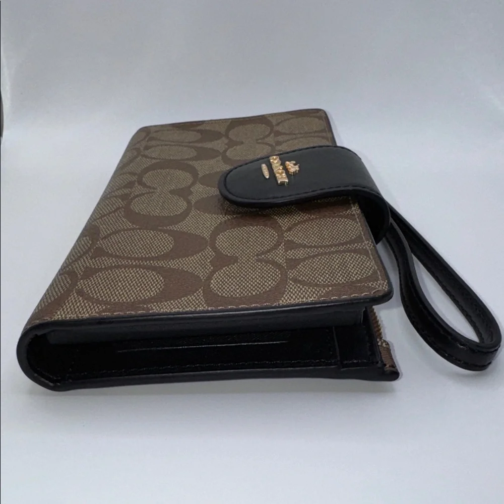 Coach Phone Wallet In Signature Canvas Khaki Black - Picture 4 of 8